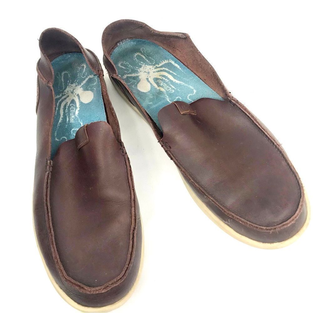 OluKai NALUKAI Brown Leather Slip On Casual Loafers
